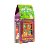 A festive box of Toffee Apple Popcorn Shed popcorn is the ideal Halloween snack, showcasing orange and green pieces with ghost decorations and a vibrant Halloween theme, clearly marked as gluten-free and all natural.