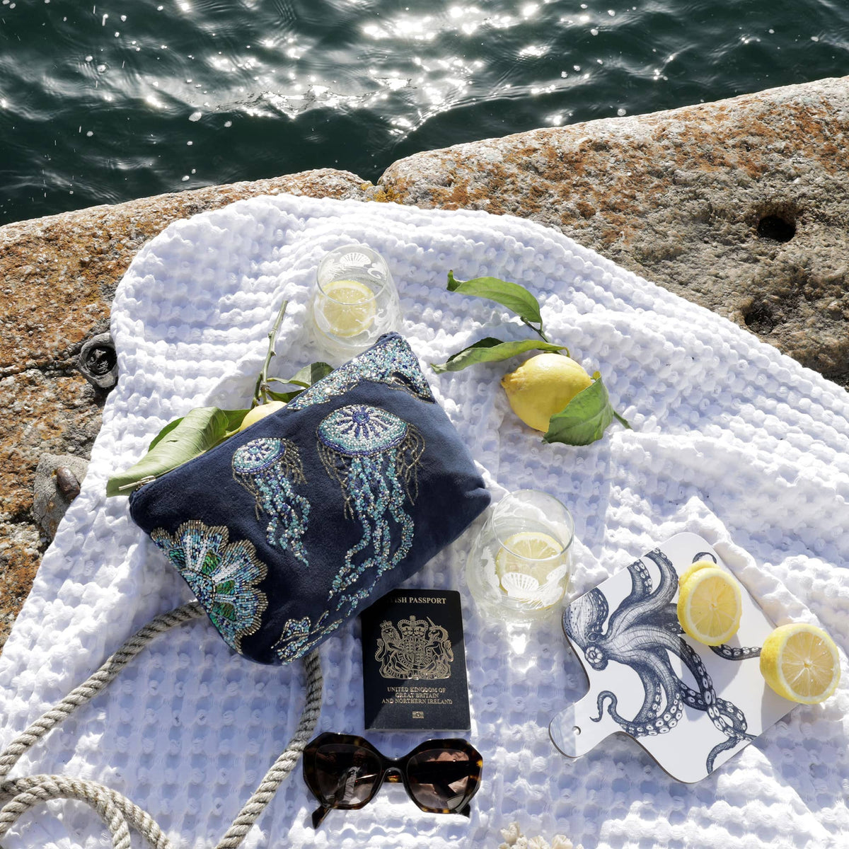 Navy velvet pouch bag with beaded jellyfish by Cream Cornwall – product image 3