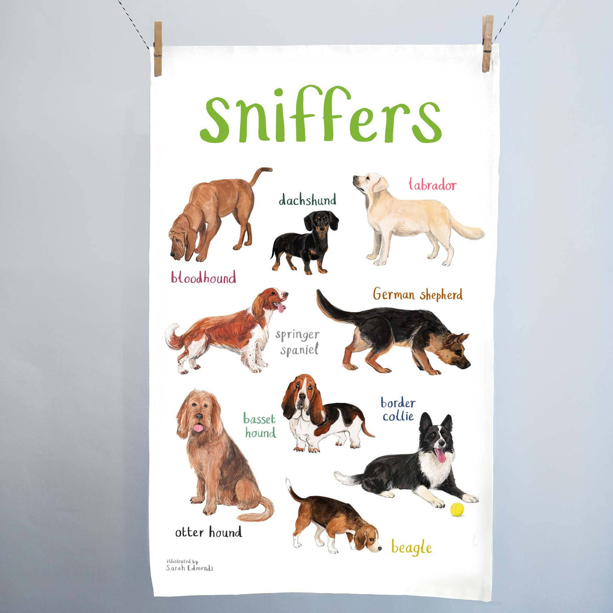 Sarah Edmonds Sniffers Dog Cotton Tea Towel – illustrated design