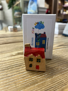 A handmade ceramic house with a red roof sits on wood before an “Arran Tiny House in a Box.” The box displays a blue tiny house and a heart-shaped balloon, capturing the whimsical Isle of Arran charm.