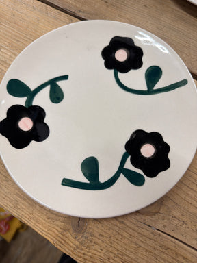 Caroline Gardner Charcoal & Pink Flowers Ceramic Plate 20cm