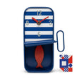 Batela dark blue sardine tin wall clock, dark blue and white striped sardine tin-style clock with red fish detail