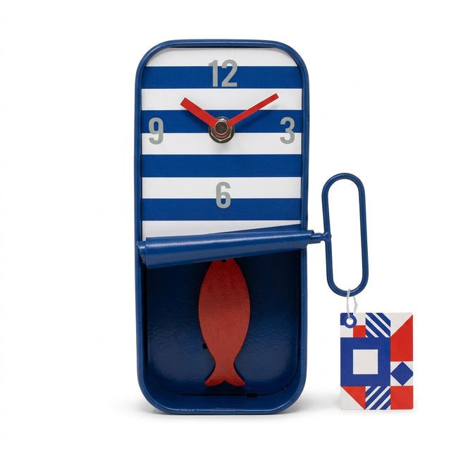 Batela dark blue sardine tin wall clock, dark blue and white striped sardine tin-style clock with red fish detail