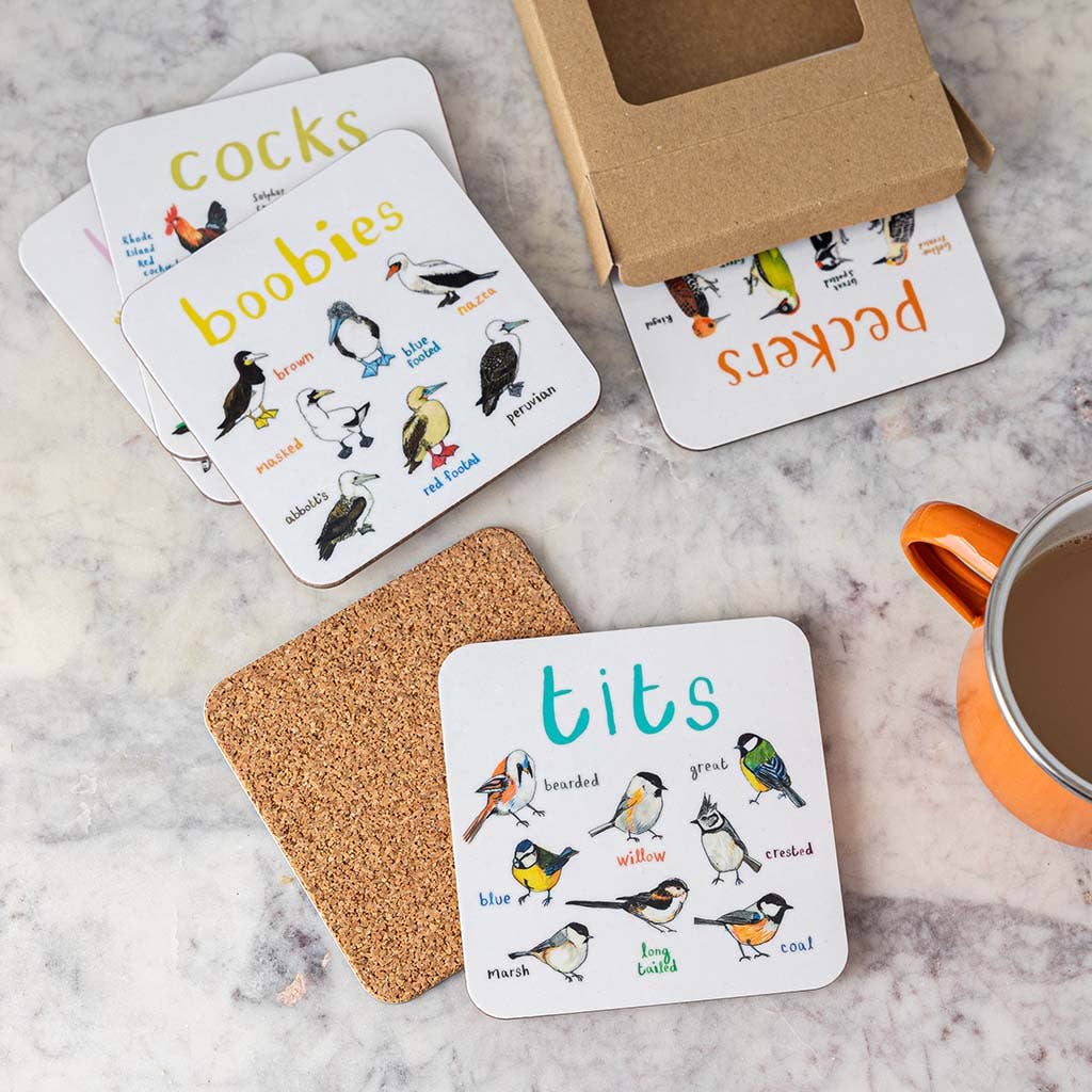 Sarah Edmonds Set of 6 Bird Pun Coasters – illustrated design