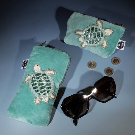 Turquoise velvet coin purse with beaded turtle by Cream Cornwall – product image 4