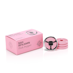 The Max Benjamin – Car Fragrance Holder & Refill Gift Set includes a pink and silver circular diffuser, three pink fragrance pads, and a coordinating pink gift box—an ideal car air freshener upgrade.