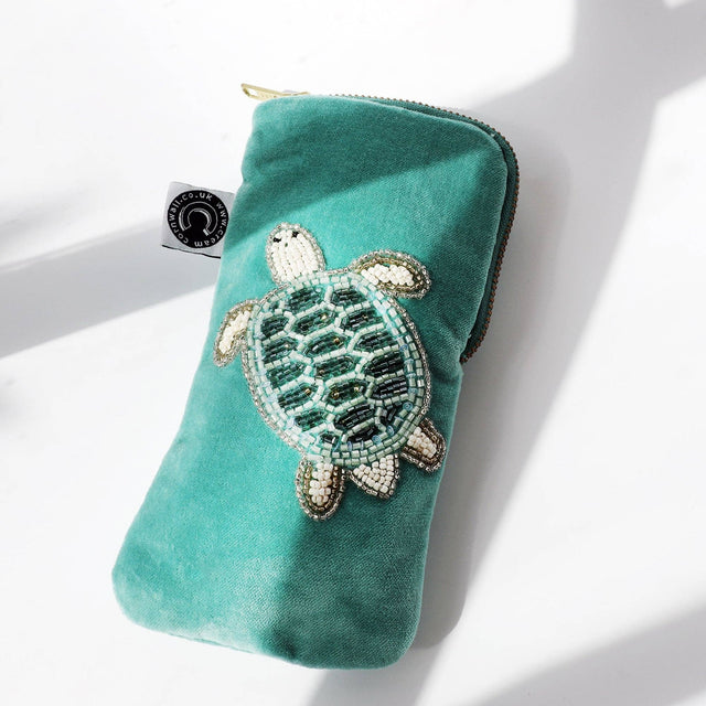 Turquoise velvet glasses case with beaded turtle by Cream Cornwall