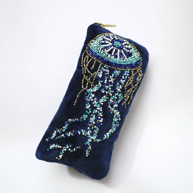 Navy velvet glasses case with beaded jellyfish by Cream Cornwall