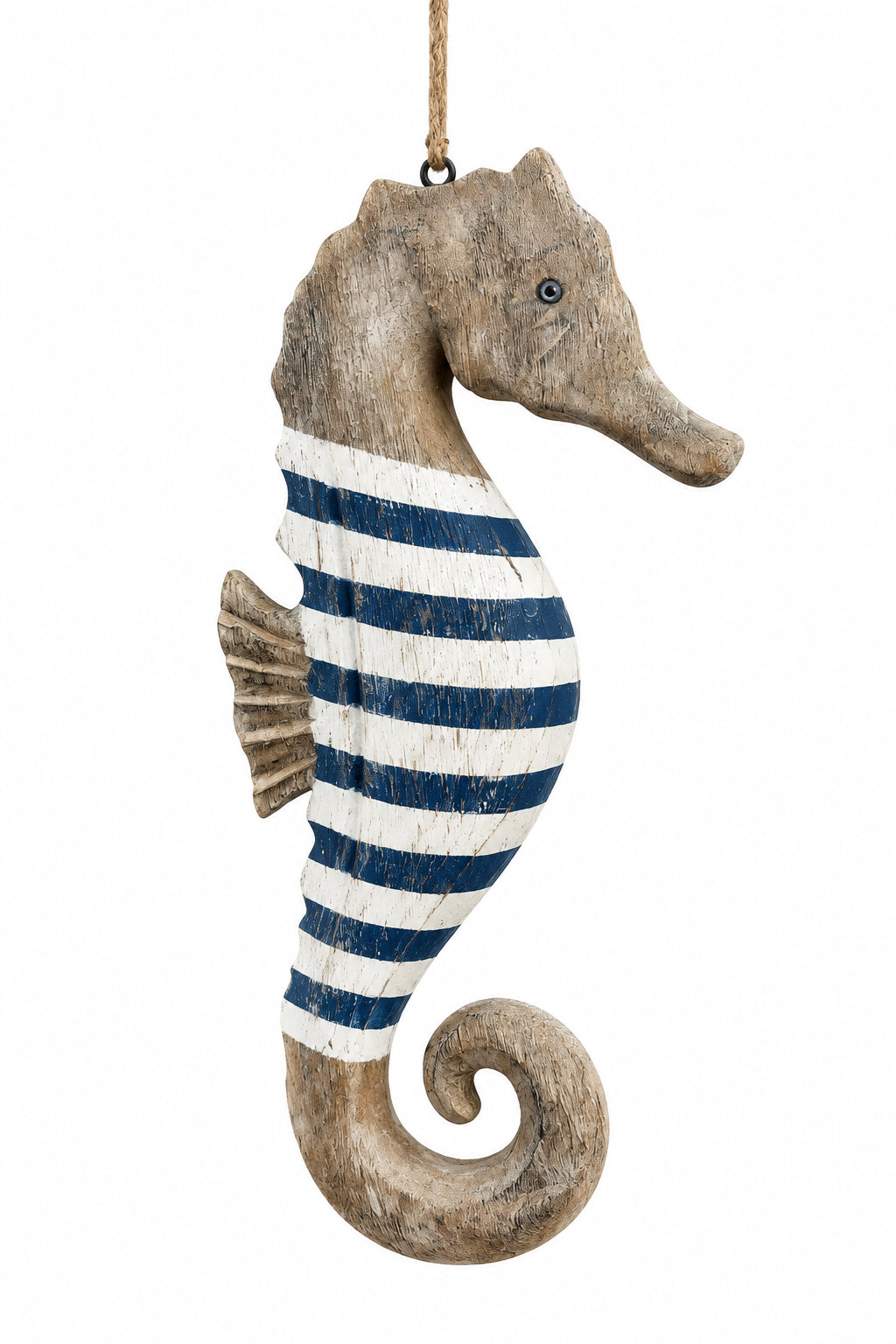 Striped Wooden Seahorse Hanging Decoration featuring a coastal wooden seahorse with a white and blue striped midsection and a rope hanger.