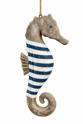 Striped Wooden Seahorse Hanging Decoration featuring a coastal wooden seahorse with a white and blue striped midsection and a rope hanger.
