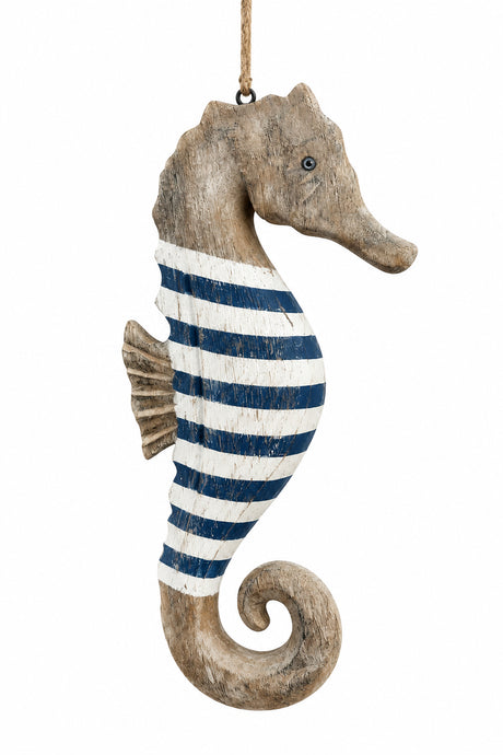 Striped Wooden Seahorse Hanging Decoration featuring a coastal wooden seahorse with a white and blue striped midsection and a rope hanger.
