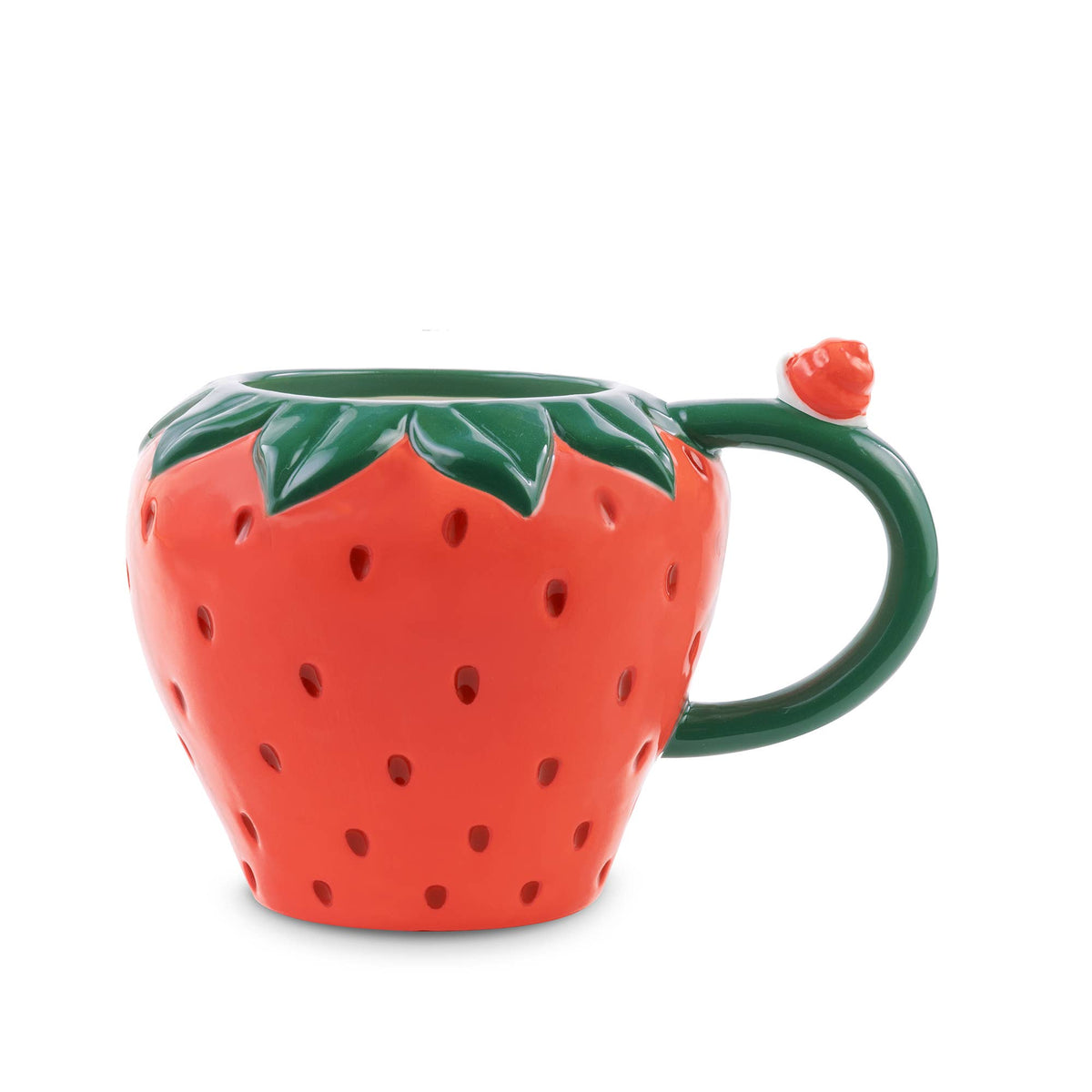 Ceramic Mug, Strawberry, shaped like the fruit with a green leafy rim and a green handle topped with a small strawberry.