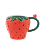 Ceramic Mug, Strawberry, shaped like the fruit with a green leafy rim and a green handle topped with a small strawberry.