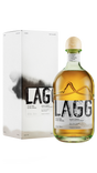 A bottle of LAGG Single Malt Kilmory Edition 70cl, aged in bourbon casks, stands next to its matching box, showcasing a light golden hue. The design features bold black lettering on both the bottle and box, complemented by artistic black brushstroke elements that enhance its finish.