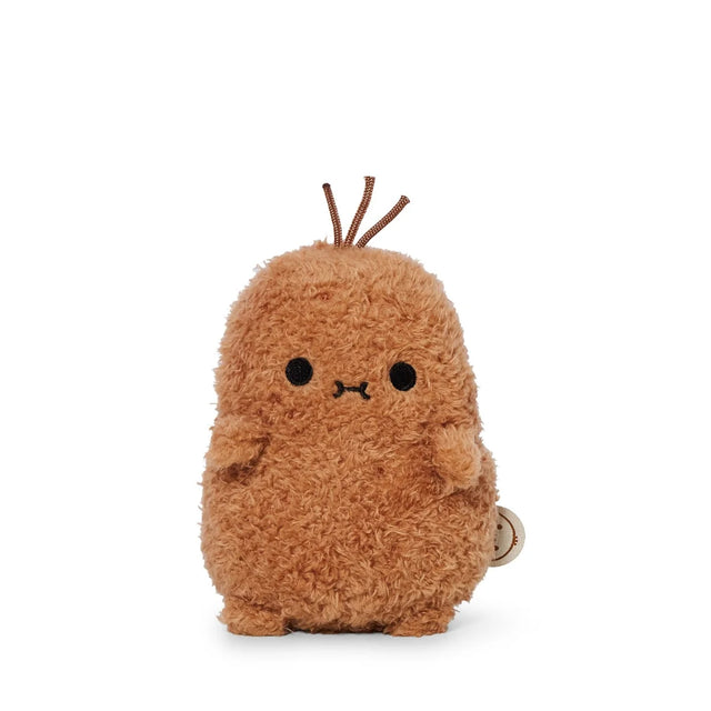 A small, plush, brown stuffed toy with a round body, two tiny arms, black eyes, a small mouth, and short brown strands on top sits on a white background—this adorable Noodoll Ricespud Original plush makes the perfect soft toy gift.