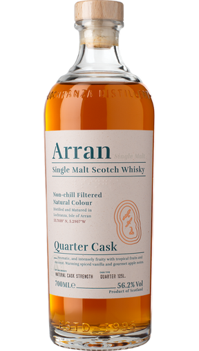 A bottle of Arran The Bothy Quarter Cask Single Malt Whisky 70cl, featuring a non-chill filtered and natural color expression from a quarter cask. It is bottled at 56.2% ABV, with flavor notes of tropical fruits and vanilla.