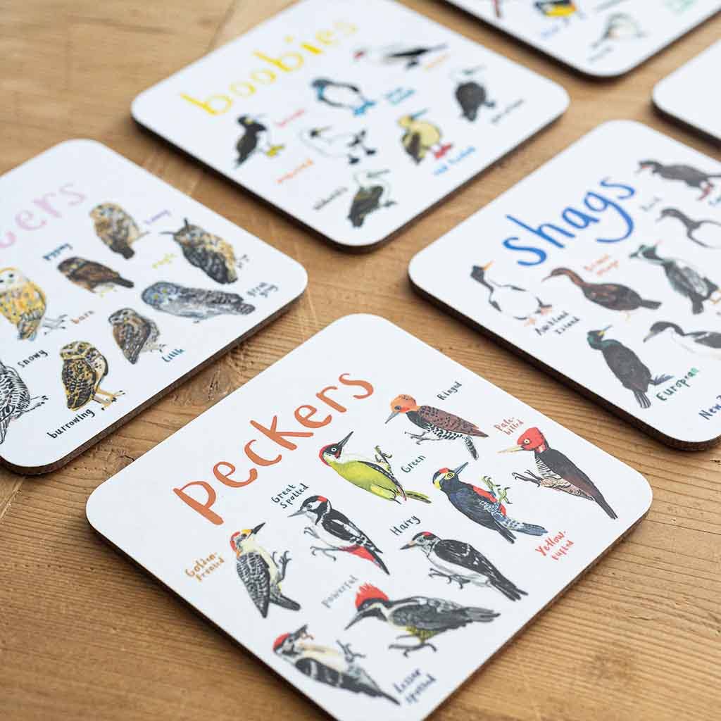 Sarah Edmonds Set of 6 Bird Pun Coasters – illustrated design
