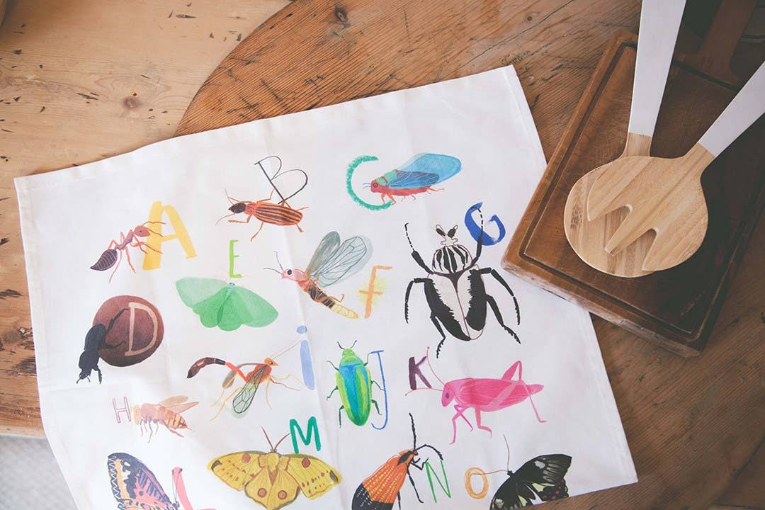 Sarah Edmonds Insect Alphabet Cotton Tea Towel – illustrated design