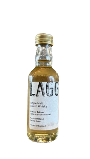The LAGG Single Malt Kilmory Edition Miniature 5cl, presented in a small clear bottle with a gold cap, features the label "100% ex-Bourbon Barrel finishes, Non-Chill Filtered, Natural Colour, Product of Scotland." This whisky exhibits a light amber hue.