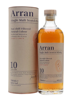 Arran 10-Year-Old Single Malt Whisky 70 cl sits beside its box—non-chill filtered, natural color, 46% ABV, and carefully matured in Lochranza—showcasing authentic Scottish single malt character.