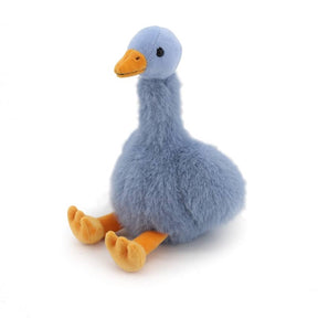 The Blue Goose Soft Plush Toy - 24cm features soft blue fur, an orange beak and feet, and black eyes. Vegan-friendly, it sits upright on a white background—perfect for cuddling or as decor.
