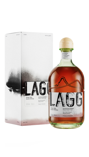 A bottle of LAGG Single Malt Corriecravie Edition 70cl with a light amber color stands next to its box, which displays an abstract design featuring the LAGG logo prominently in bold letters.