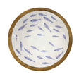 Medium Batela wooden bowl with pale enamelled interior and blue fish motif.