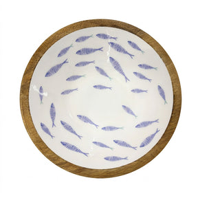 Medium Batela wooden bowl with pale enamelled interior and blue fish motif.