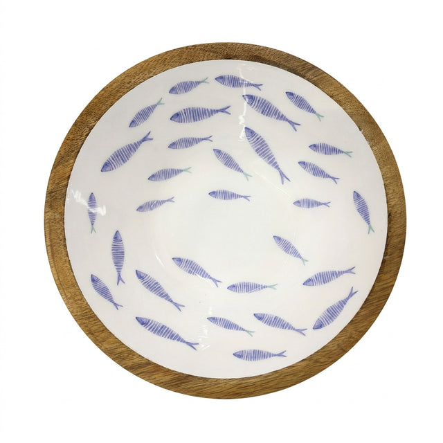 Medium Batela wooden bowl with pale enamelled interior and blue fish motif.