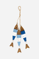 Batela hanging string of three blue and white striped wooden fish.