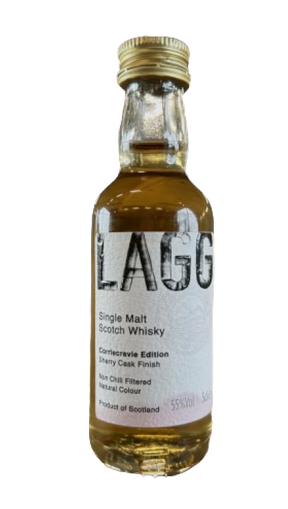 A 5cl miniature bottle of LAGG Single Malt Corriecravie Edition presents a rich experience with Sherry and Cask finishes, featuring a strong 55% ABV, Non Chill Filtered, and Natural Colour. This Scottish creation is truly suited for the connoisseur's palate.