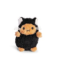 The Noodoll Ricespud Black Kitty is a plush toy featuring a round body, tan face and paws, dressed in a black costume with white ears, cat whiskers, and a small smile—this adorable plush makes the perfect gift for cat lovers and is pictured against a white background.