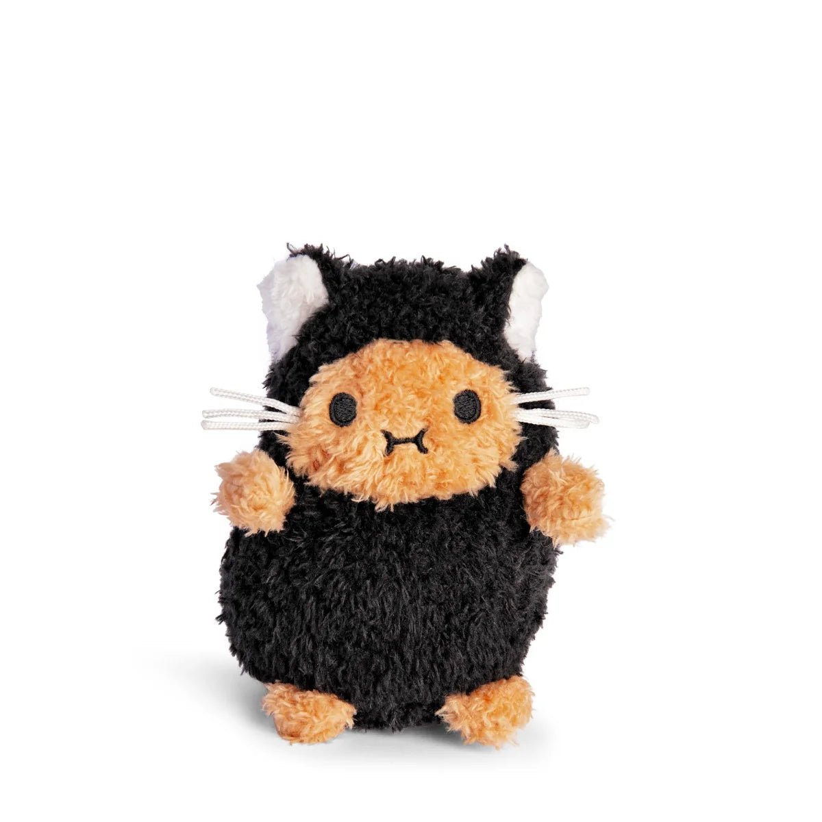 The Noodoll Ricespud Black Kitty is a plush toy featuring a round body, tan face and paws, dressed in a black costume with white ears, cat whiskers, and a small smile—this adorable plush makes the perfect gift for cat lovers and is pictured against a white background.