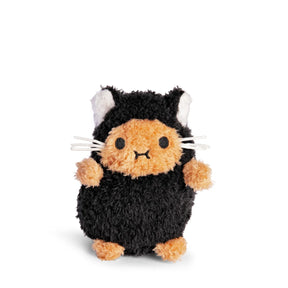 The Noodoll Ricespud Black Kitty is a plush toy featuring a round body, tan face and paws, dressed in a black costume with white ears, cat whiskers, and a small smile—this adorable plush makes the perfect gift for cat lovers and is pictured against a white background.
