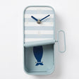 Batela light blue sardine tin wall clock, light blue and white striped sardine tin-style wall clock with hanging fish