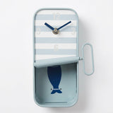 Batela light blue sardine tin wall clock, light blue and white striped sardine tin-style wall clock with hanging fish