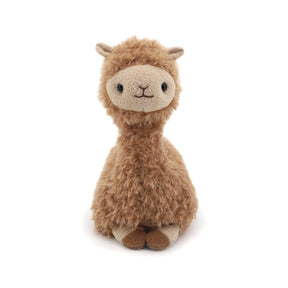 The Alpaca Soft Plush Toy - 20cm is a vegan, tan plush with a light beige face and small brown feet, sitting facing forward on a white background. This adorable toy is machine washable for easy care.