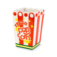 Vase, Popcorn Bag in the shape of a ceramic cinema popcorn bag with red and white vertical stripes and the text “Fresh Popcorn.”