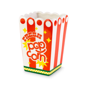 Vase, Popcorn Bag in the shape of a ceramic cinema popcorn bag with red and white vertical stripes and the text “Fresh Popcorn.”