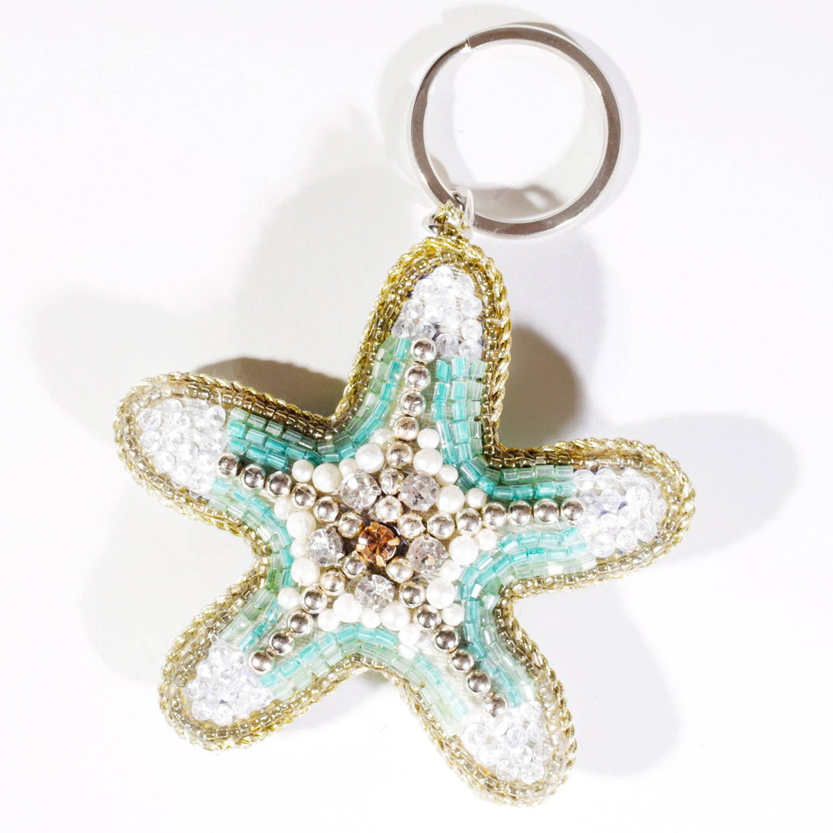 Aqua glass-beaded starfish keyring by Cream Cornwall