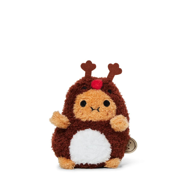 Meet the Noodoll Ricespud Reindeer—a round, brown plush toy featuring small antlers, a red nose, tan face and belly, black eyes, and a sweet smiling mouth. Sitting upright against a white background, this adorable reindeer plush makes the perfect Christmas stuffed animal for cozy holiday snuggles.