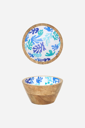 Small Batela wooden bowl with blue and turquoise coral motif inside.