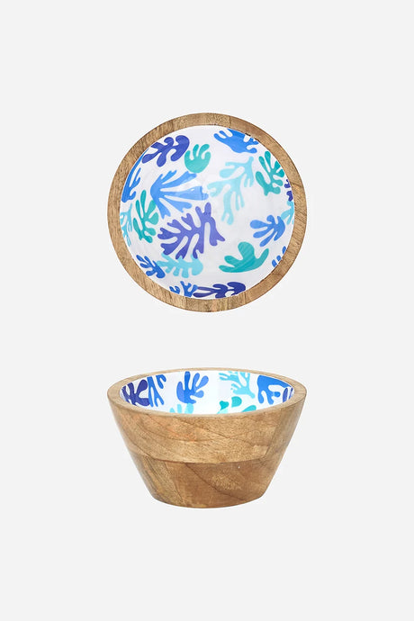 Small Batela wooden bowl with blue and turquoise coral motif inside.