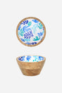 Small Batela wooden bowl with blue and turquoise coral motif inside.