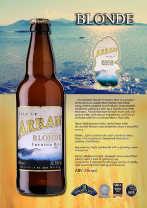 A promotional poster for Arran Blonde Beer, a pale golden ale with a 5% ABV, showcases its bottle and label against an island backdrop. Descriptive text highlights its taste, aroma, and appearance.