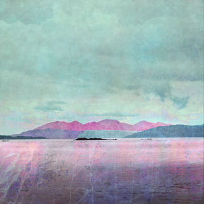 Arran Over Sound of Bute Giclee Print features a pastel landscape with purple mountains and calm, reflective water. Available as a limited edition artwork, printed on archival quality fine art paper.