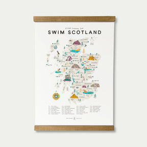 Explore Scotland’s best wild swimming spots with the Oldfield Design Swim Scotland Poster Tube & Hanger. This colorful illustrated map highlights swimming locations all across Scotland, with playful drawings of mountains, tents, swimmers, and water scenes. Site names dot the map for easy planning, making it the perfect guide—and stylish display—for discovering top swim destinations throughout the country.