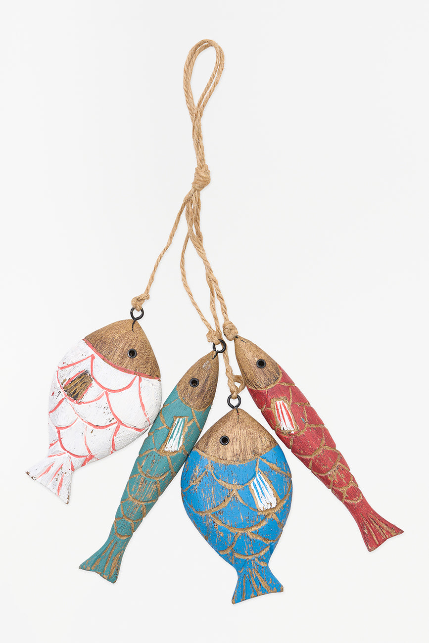 Batela hanging string of four colourful painted wooden fish.
