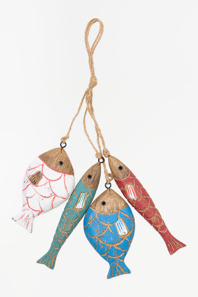 Batela hanging string of four colourful painted wooden fish.