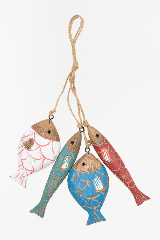 Batela hanging string of four colourful painted wooden fish.